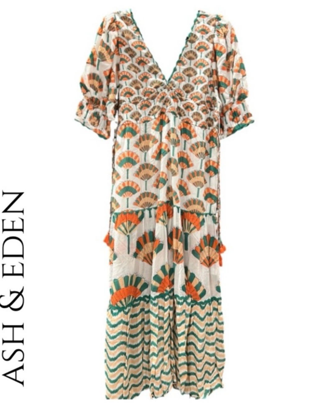 Ash & Eden Cream Maxi Dress with Green and Orange Fan Motif
